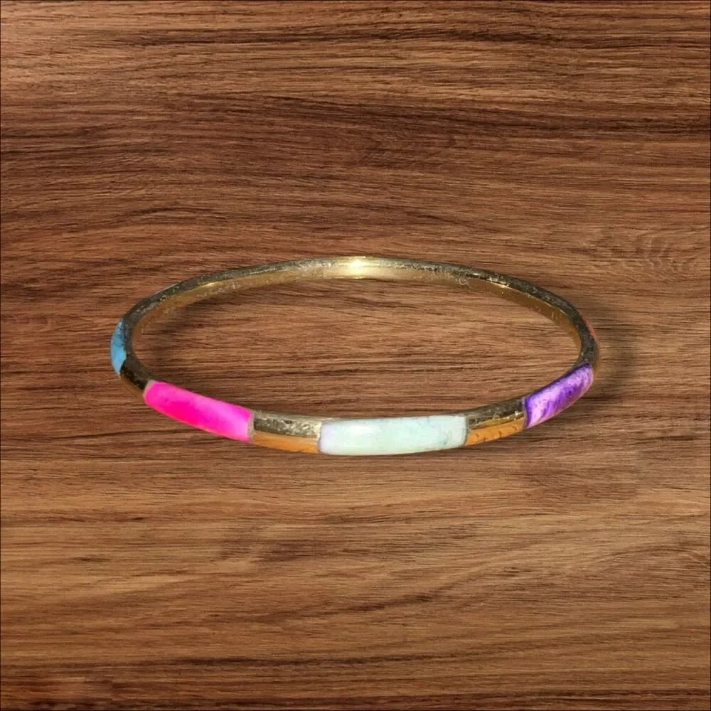 Vintage Multicolor Mother of Pearl Inlay Brass Tone Bangle Bracelet 8.25 Inch